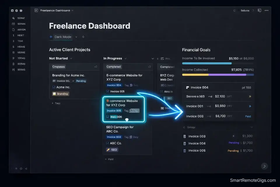 A dark-mode screenshot of a connected Notion workspace functioning as a freelance business dashboard.
