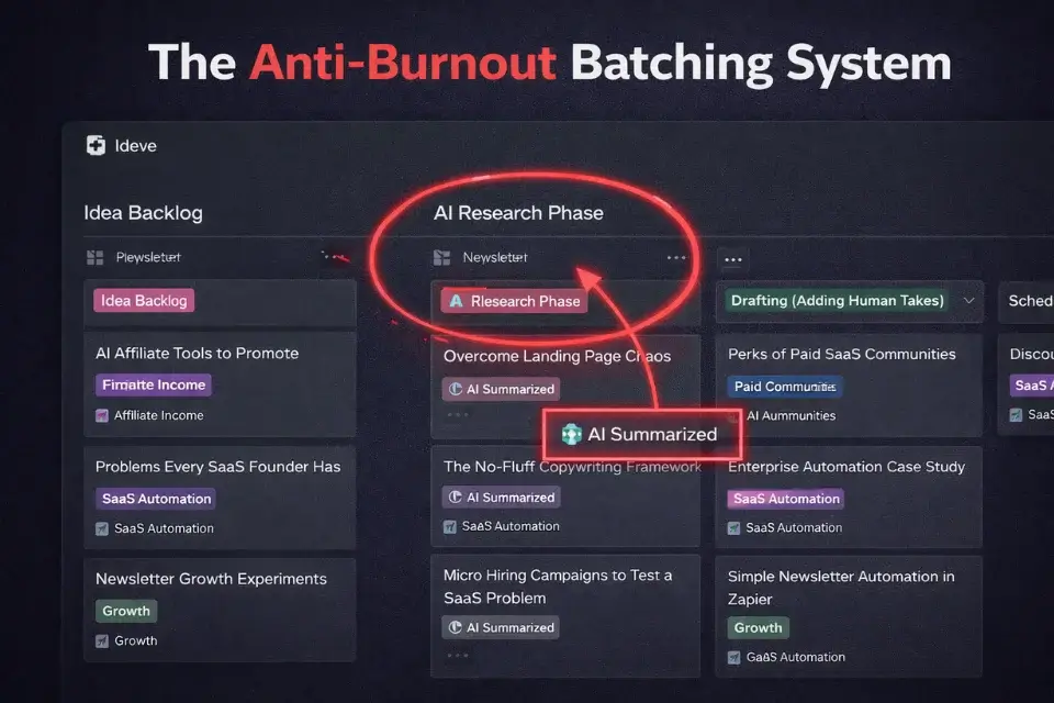 Screenshot of a Notion content calendar used to batch and automate email newsletter production using AI research.