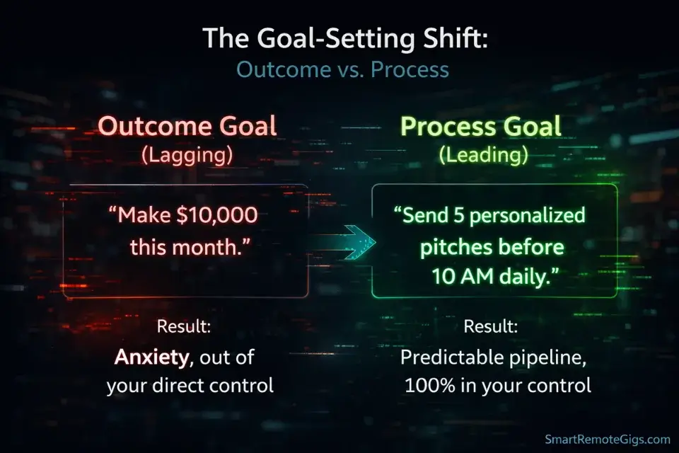 An infographic comparing outcome-based revenue goals with process-based daily execution goals for freelancers.