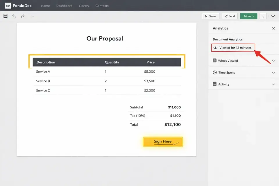 A screenshot of a PandaDoc freelance proposal showing the e-signature block and document open-tracking analytics.
