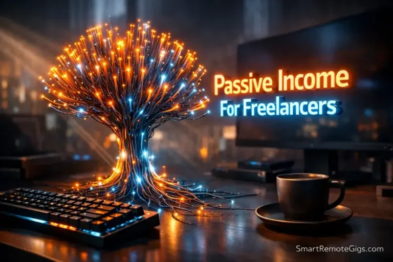3D glowing digital tree representing passive income for freelancers growing on a modern workspace desk.