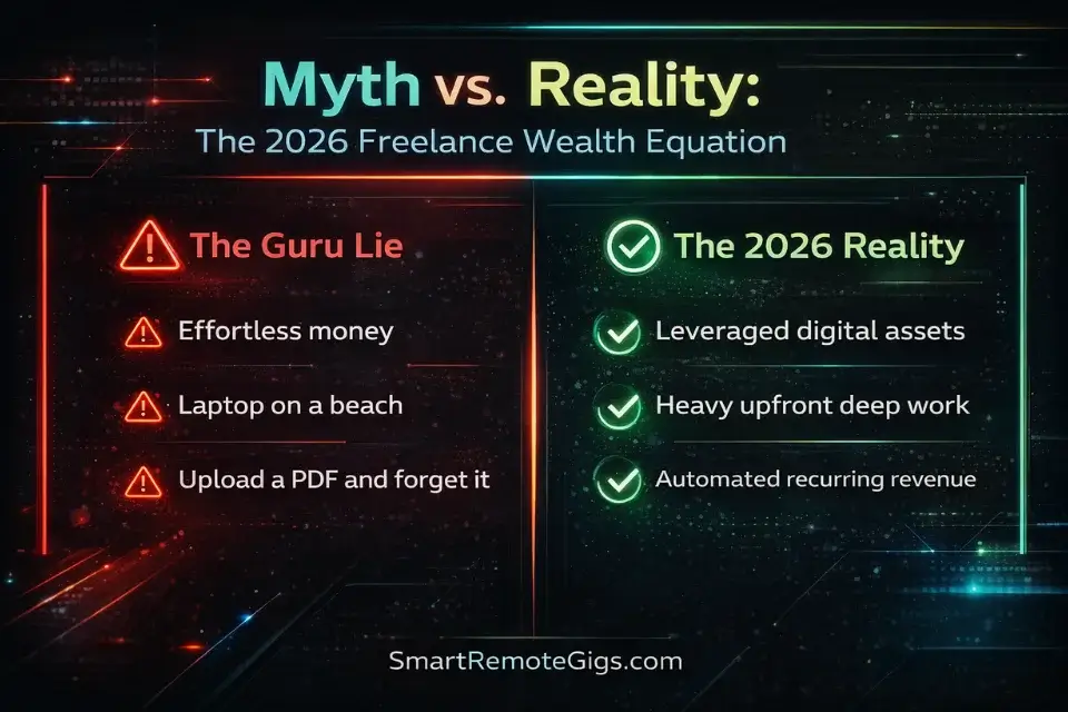 Infographic comparing the fake guru myth of passive income against the 2026 reality of building scalable digital assets.