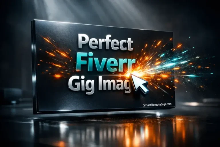 3D cinematic illustration of a glowing digital billboard showing the perfect Fiverr gig image for 2026 generating a click.