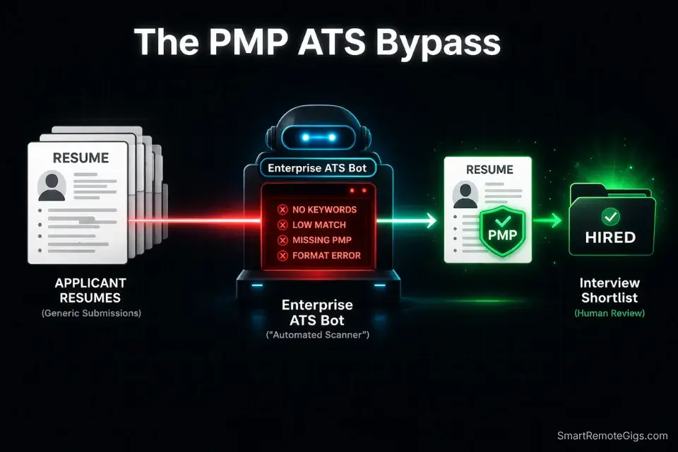Infographic showing how the PMP certification acts as an Applicant Tracking System bypass for remote enterprise project manager roles.