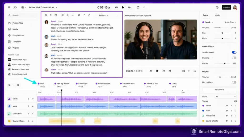 Descript text-based audio editing workspace showing podcast transcript storyboarding for producers.