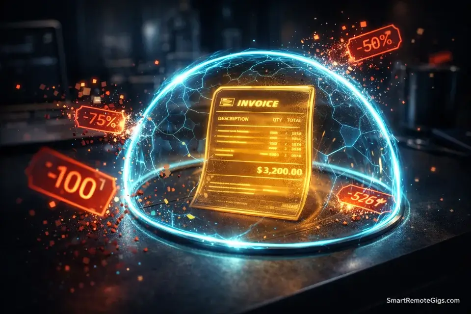 Cinematic 3D rendering of a golden freelance invoice protected by a glowing energy shield, deflecting discount requests.