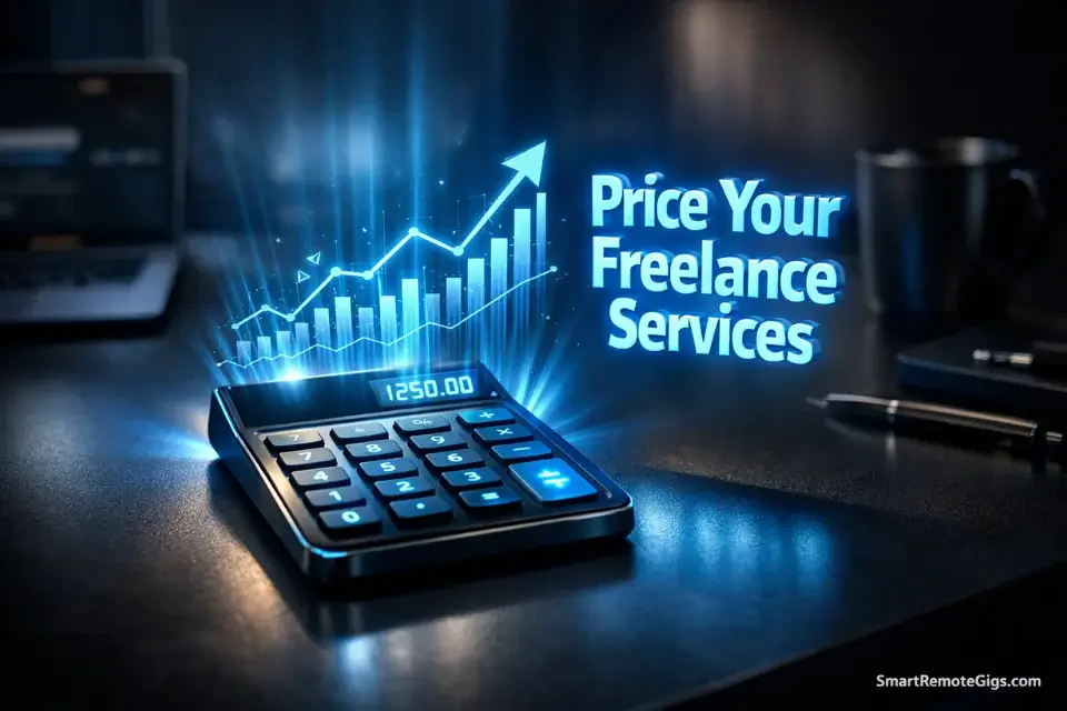 3D rendering of a futuristic calculator and holographic financial chart representing how to price your freelance services.