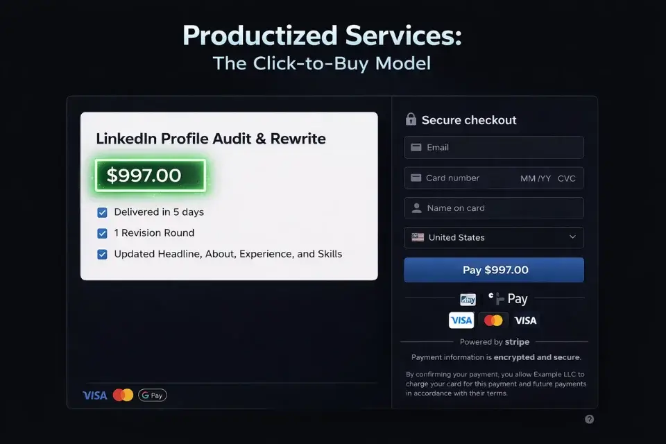 Screenshot of a Stripe checkout page showing a productized freelance service with a fixed price of $997.