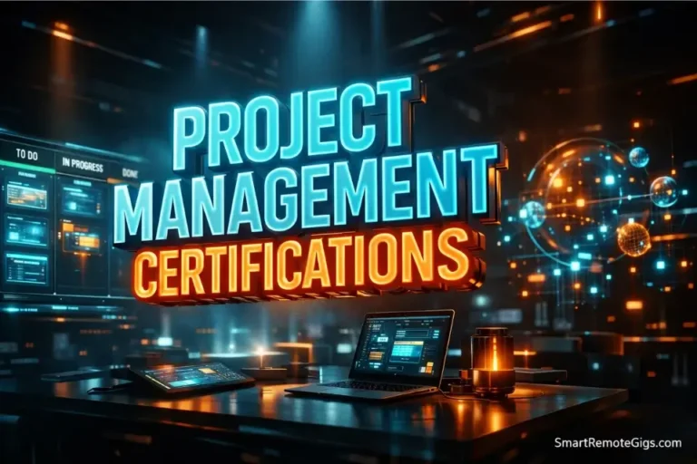 3D cinematic illustration of project management certifications with glowing text and futuristic workspace.