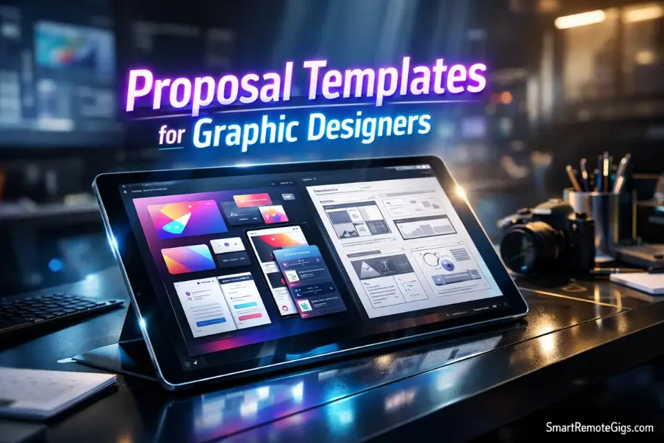 3D cinematic rendering of the text Proposal Templates for Graphic Designers hovering over a modern digital tablet displaying brand assets.