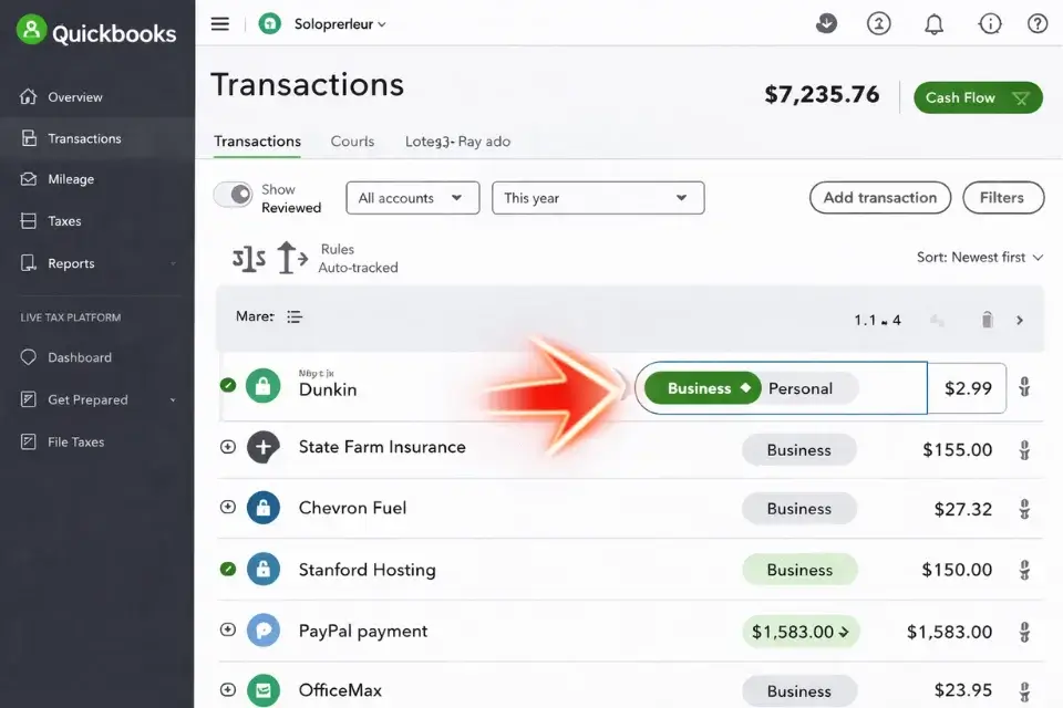 A screenshot of QuickBooks Solopreneur showing the toggle to separate business expenses from personal expenses.