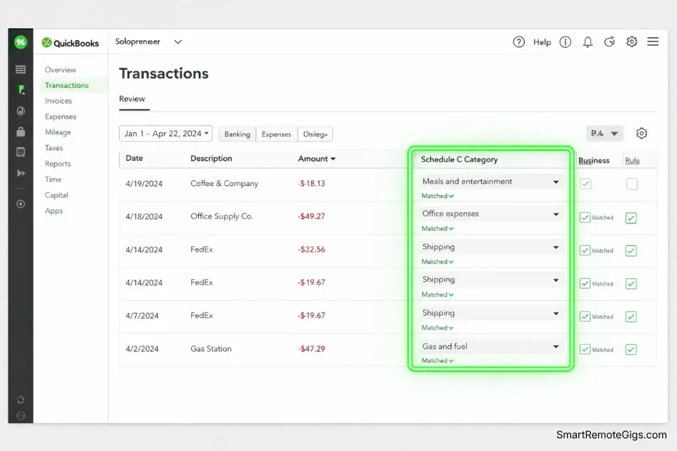 A screenshot of QuickBooks Solopreneur automatically categorizing freelance expenses into Schedule C tax deductions.