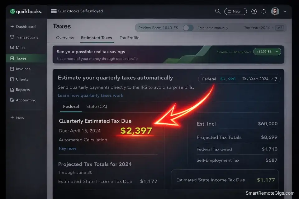 A screenshot of the QuickBooks Solopreneur dashboard calculating quarterly estimated taxes for freelancers automatically.