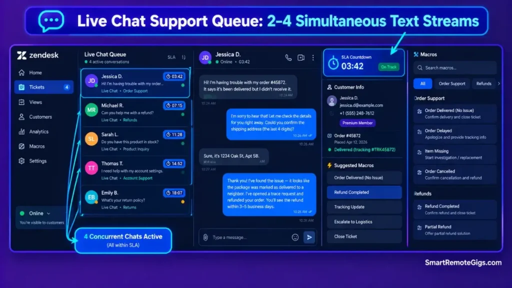 Customer support helpdesk ticketing interface showing multi-channel chat queues and response time tracking.