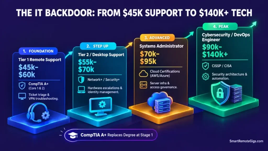 Career progression roadmap from remote Tier 1 tech support to systems administration and cybersecurity without a degree.