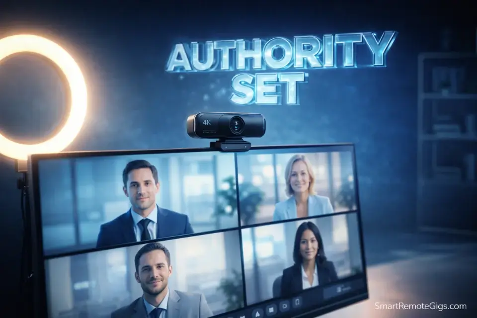 A high-end home office setup optimized for remote job interviews with professional lighting and audio.