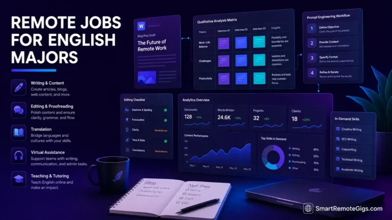 Remote Jobs for English Majors 2026 editorial hero visual showing tech career workflows and qualitative analysis systems.