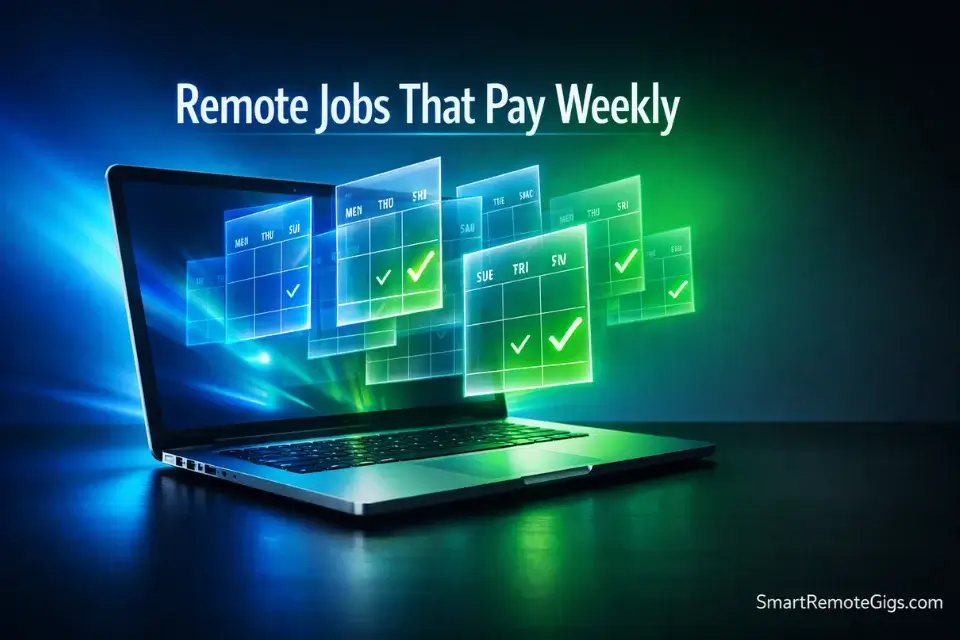 A modern laptop on a desk with digital calendar pages highlighting Friday paydays for weekly pay remote jobs.