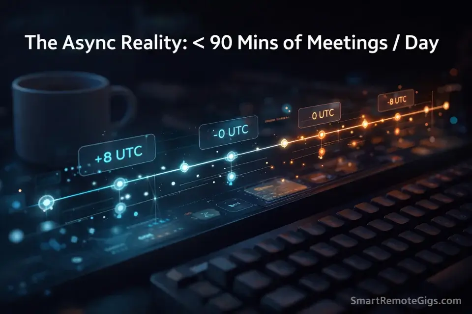 3D cinematic visualization of an asynchronous remote project manager daily timeline across global time zones.