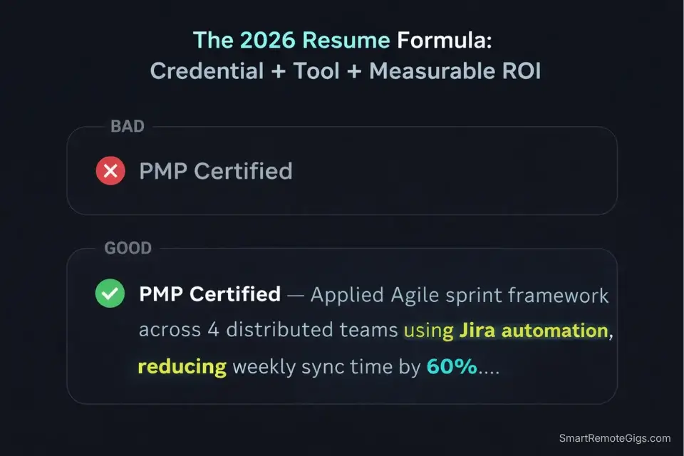 Infographic comparing a bad project management resume bullet point with a highly optimized 2026 remote PM resume bullet.