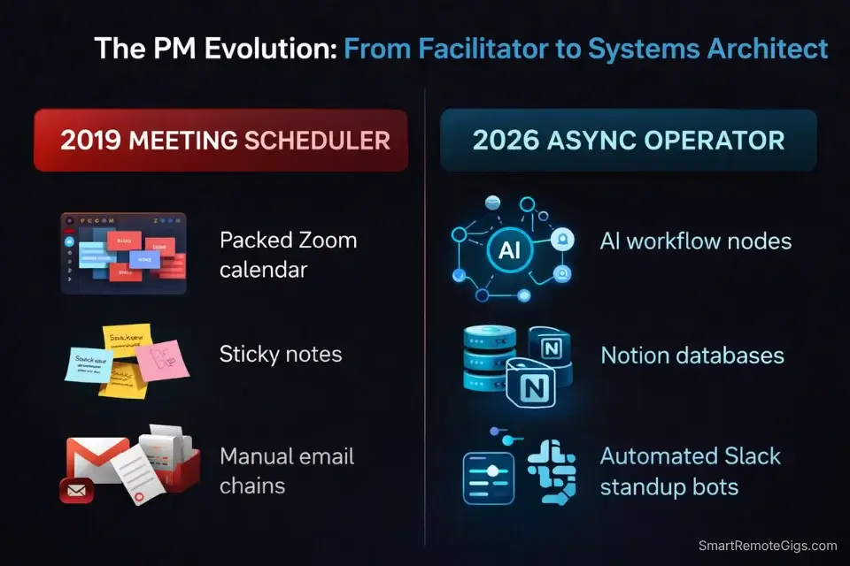 Infographic comparing traditional meeting-heavy project management duties with 2026 asynchronous AI operator skills.
