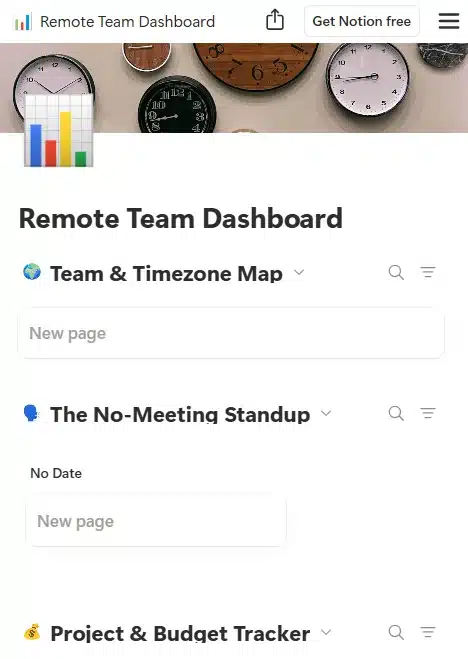 A sleek Notion remote project management template displaying a kanban board, async updates, and budget tracking for remote teams.