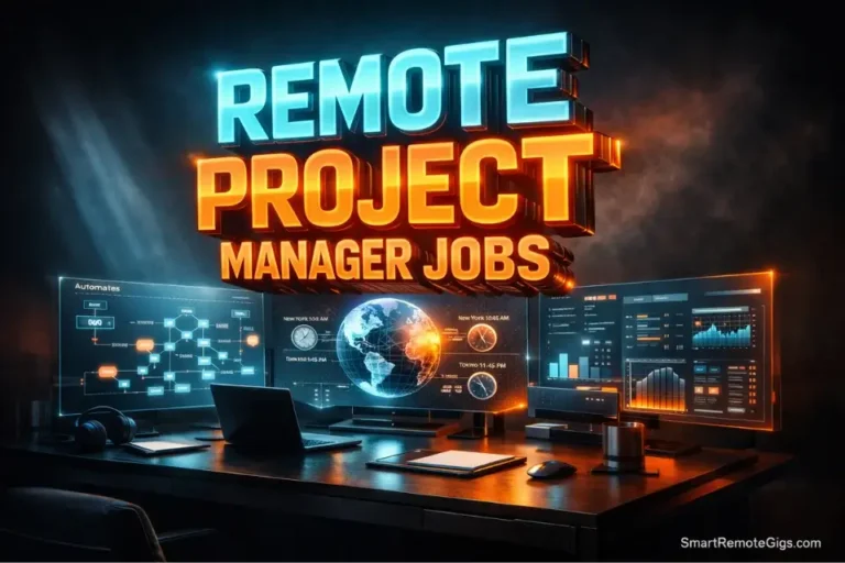 3D cinematic illustration of a futuristic remote project manager jobs workspace with global data dashboards and glowing text.