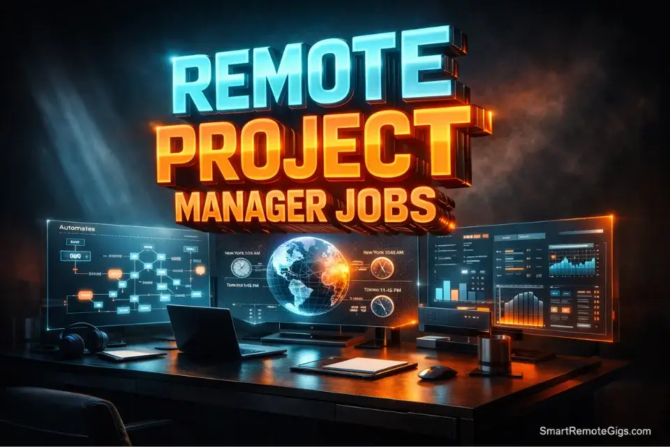 3D cinematic illustration of a futuristic remote project manager jobs workspace with global data dashboards and glowing text.