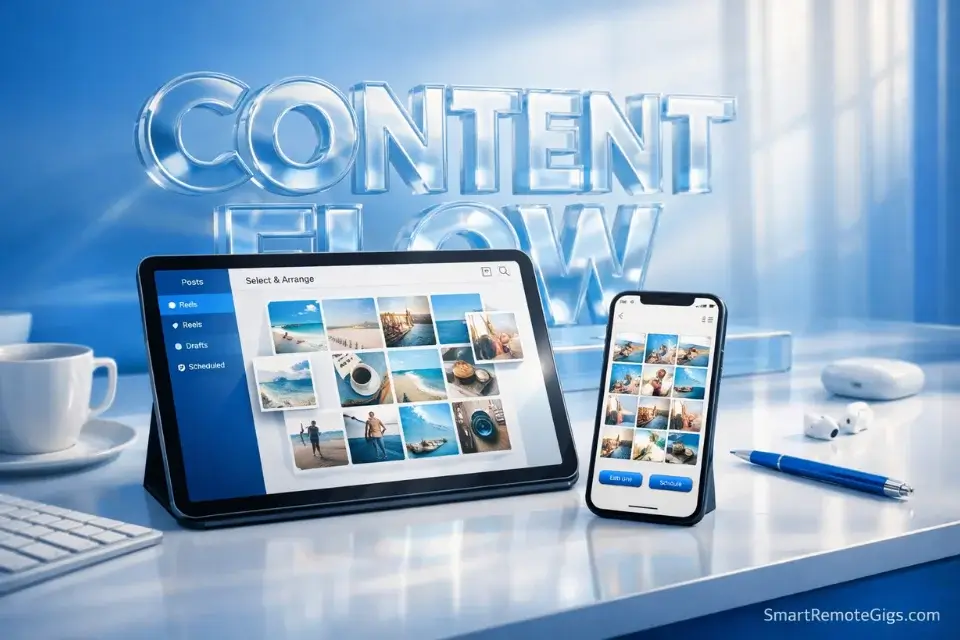 A professional social media curation setup showing grid planning and content strategy tools.