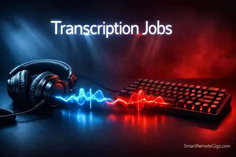 High-end studio headphones and a mechanical keyboard with glowing audio waveforms, representing premium remote transcription jobs.