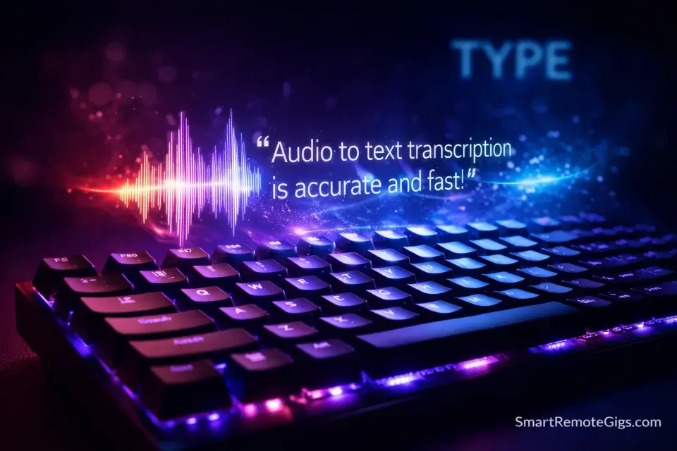 A mechanical keyboard with a glowing audio waveform turning into text, representing remote transcription jobs.