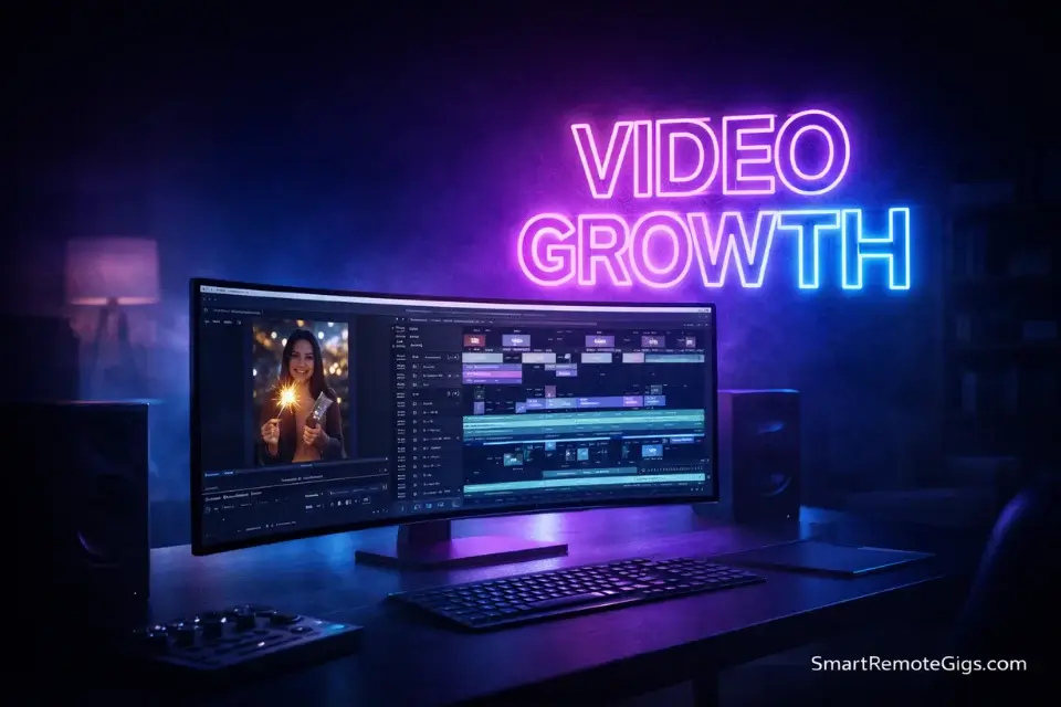 A professional short-form video editing workstation with high-end monitors and neon text "VIDEO GROWTH".