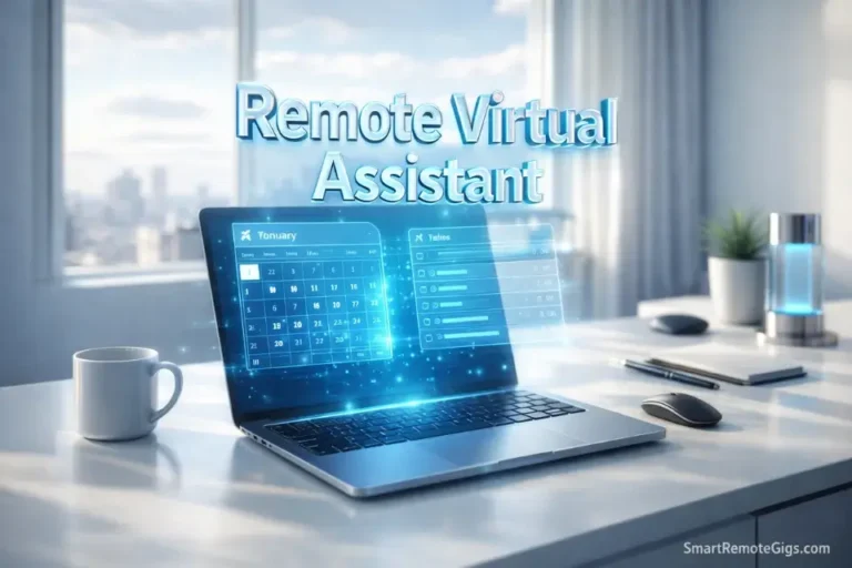A laptop running essential virtual assistant software: Notion and Slack.