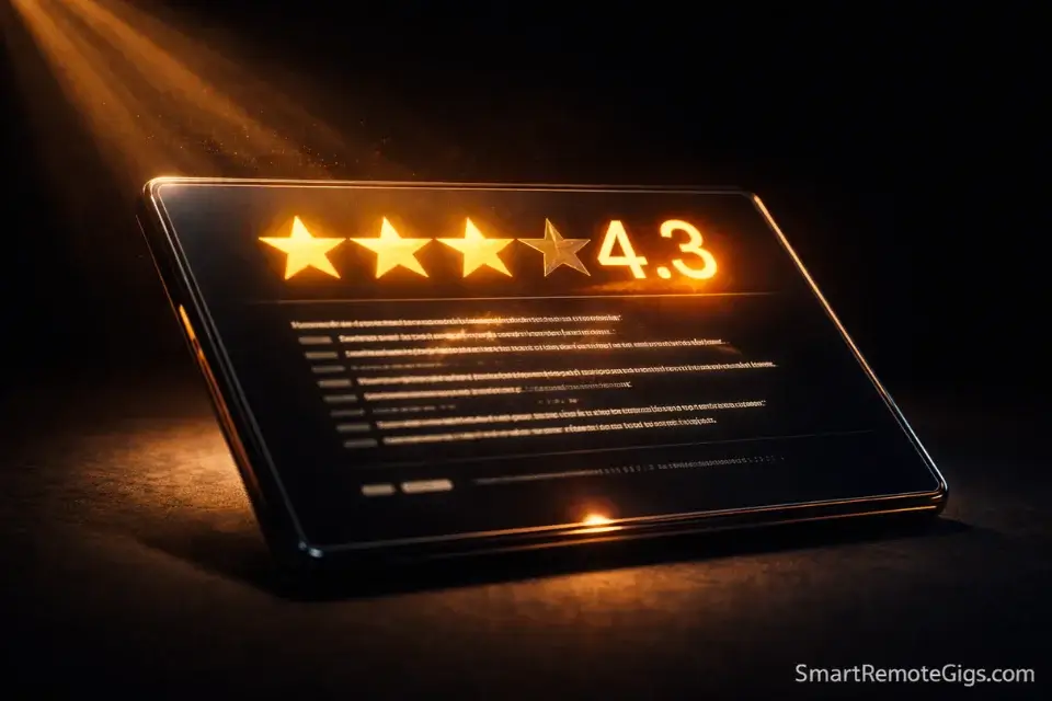 A digital tablet displaying a strict 4.3-star rating requirement, representing Rev's ruthless grading system and account deactivation threat.
