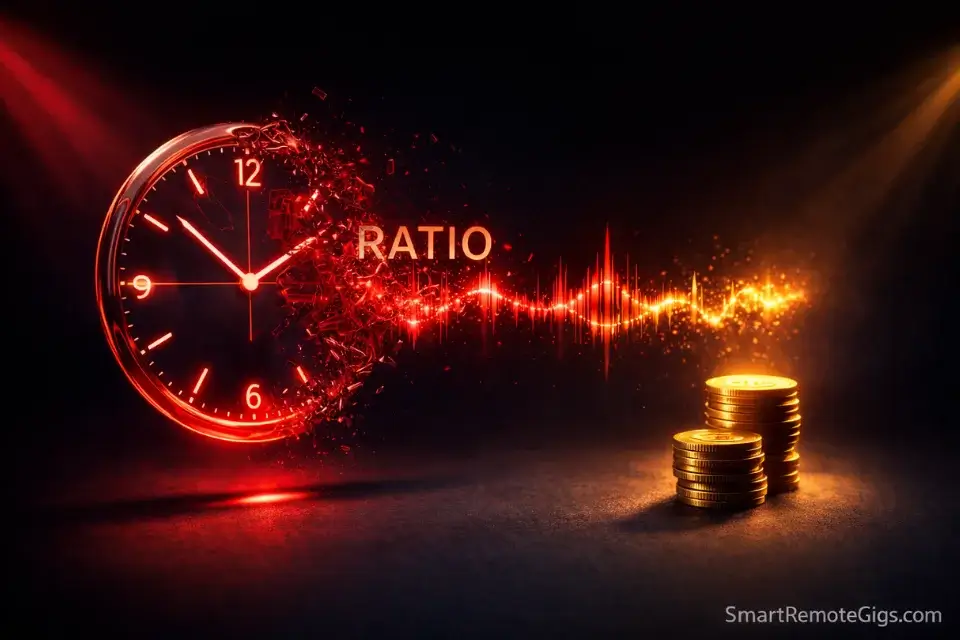 A holographic clock dissolving into a chaotic red audio waveform above a small stack of coins, representing Rev's low hourly pay ratio on bad audio.