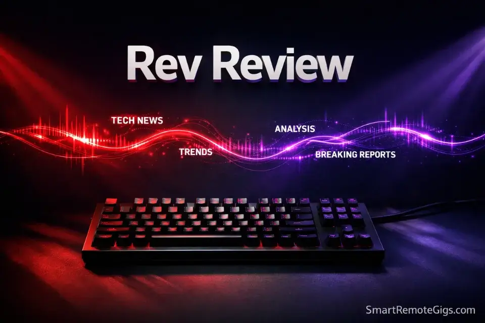 A mechanical keyboard with glowing crimson audio waveforms transforming into text, representing a brutally honest Rev review.