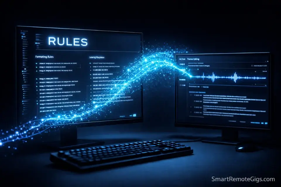 A dual-monitor setup displaying strict formatting rules and a transcription interface, representing the difficult Rev entrance exam.