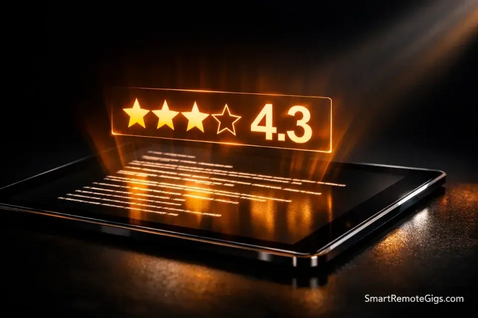 A digital tablet displaying a strict 4.3-star rating requirement, representing transcription platform grading systems.