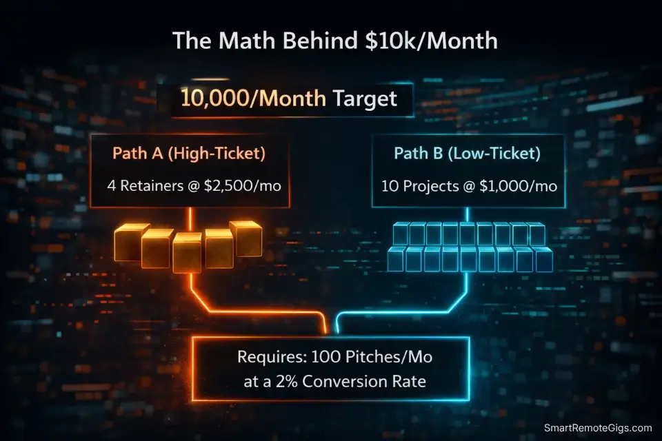 A visual breakdown showing the math of reaching a $10,000 per month freelance income using high-ticket versus low-ticket retainers.