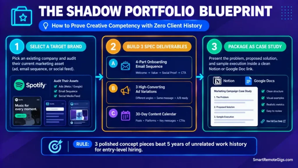 Infographic illustrating how to build a shadow portfolio for entry-level remote copywriting and marketing jobs.