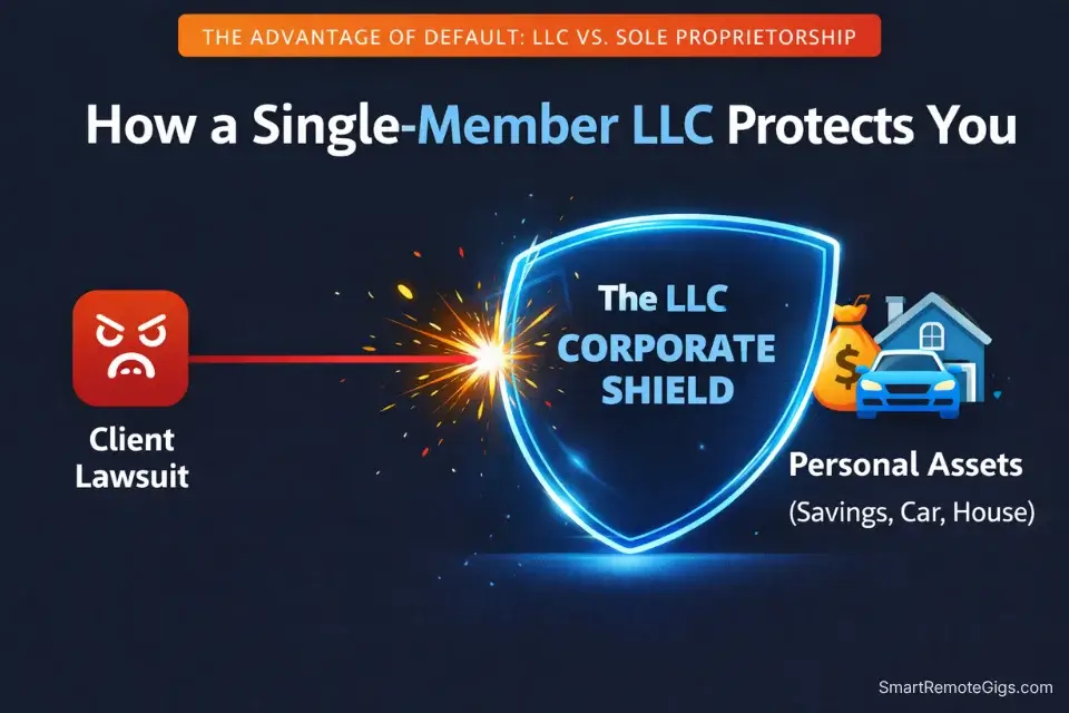 An infographic showing how a Single-Member LLC creates a corporate shield that blocks client lawsuits from reaching a freelancer's personal savings.