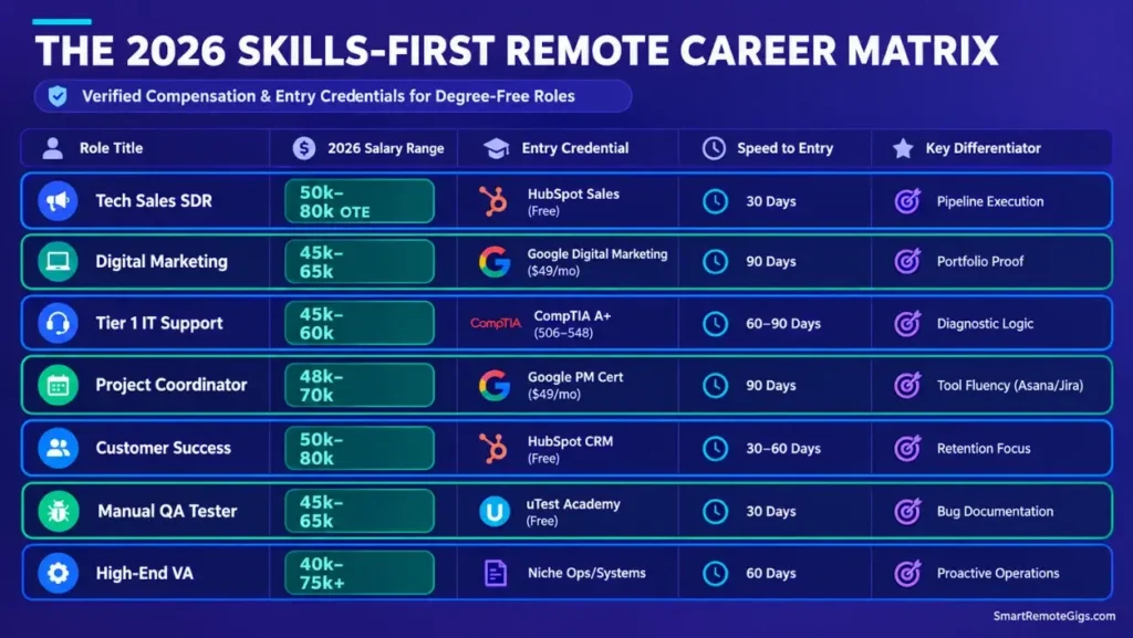 Comparison matrix of 7 remote jobs requiring no degree, listing salary ranges, entry certifications, and time to hire.