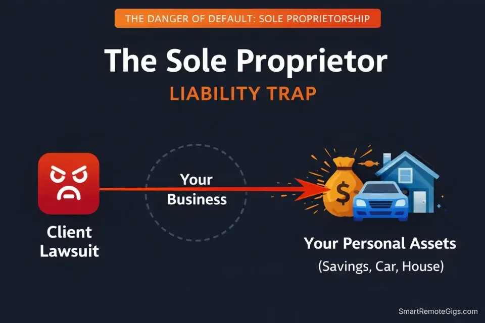An infographic illustrating the legal risk of a Sole Proprietorship, showing a client lawsuit directly impacting a freelancer's personal assets.
