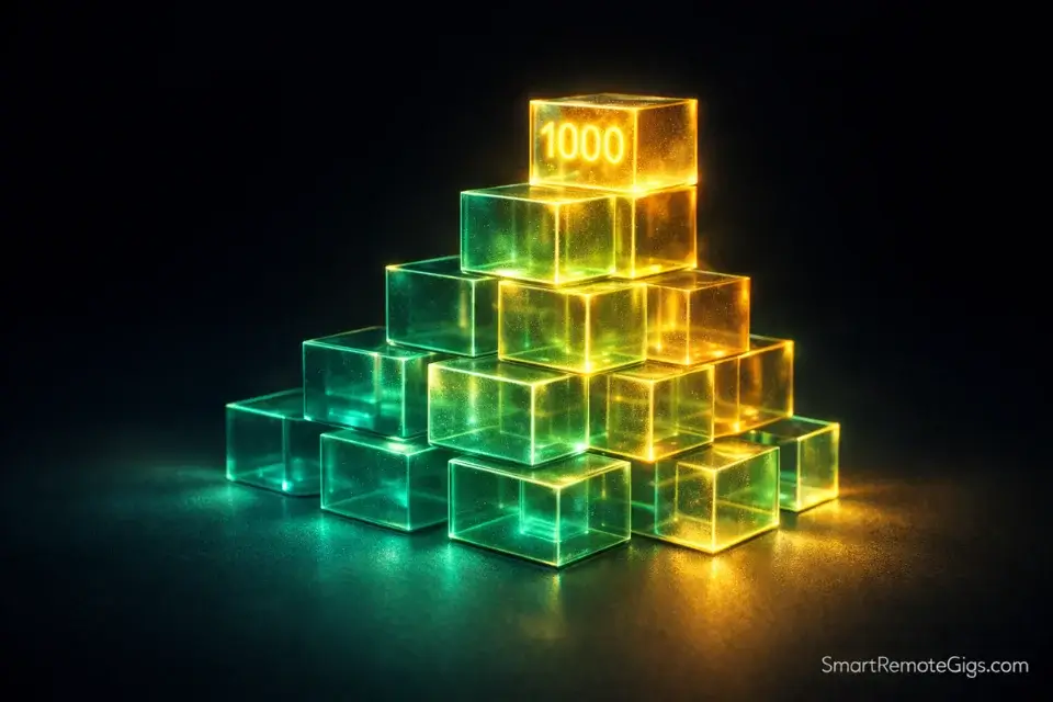 Glowing glass blocks stacking upward to represent combining multiple remote jobs to make 1000 dollars a week.