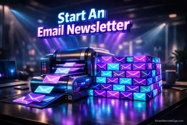 3D rendering of a futuristic digital printing press turning email envelopes into a solid financial asset on a freelancer's desk.