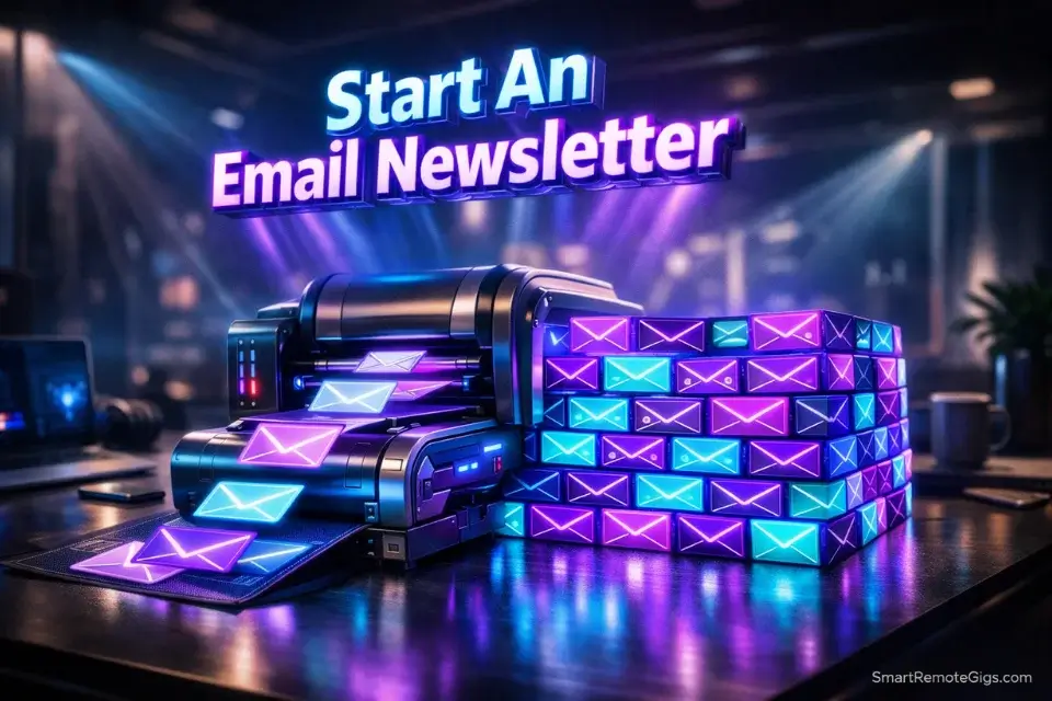 3D rendering of a futuristic digital printing press turning email envelopes into a solid financial asset on a freelancer's desk.