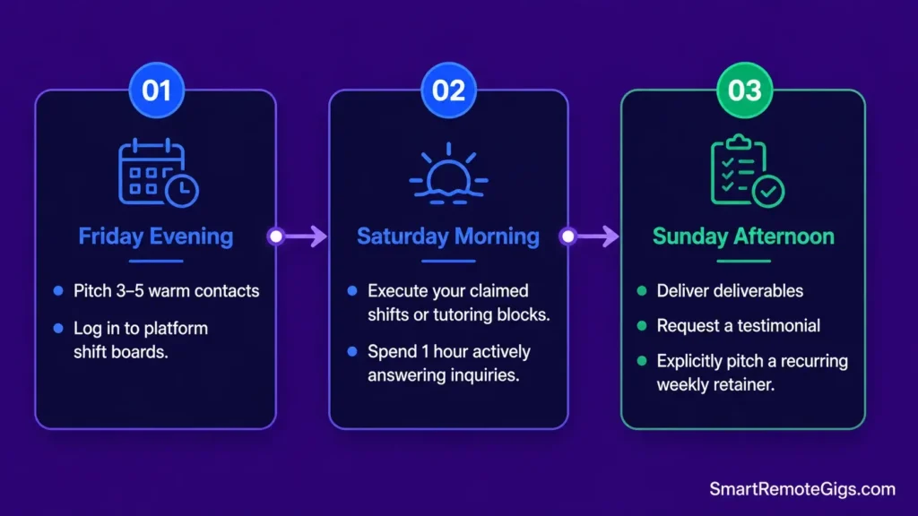 Timeline infographic mapping the exact Friday to Sunday client acquisition and execution workflow.