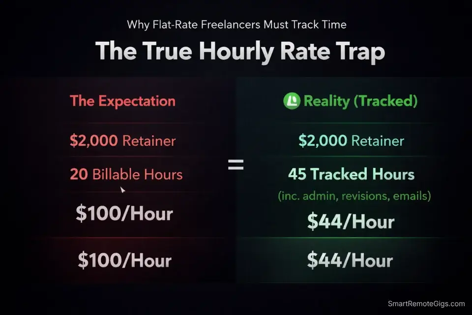 An infographic showing how un-tracked administrative time and scope creep secretly destroy a freelancer's true hourly rate.