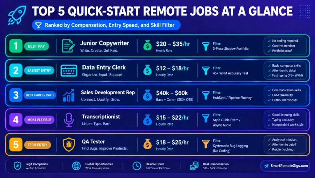 Comparison infographic of the top 5 quick-start remote entry level jobs with pay rates and entry requirements.