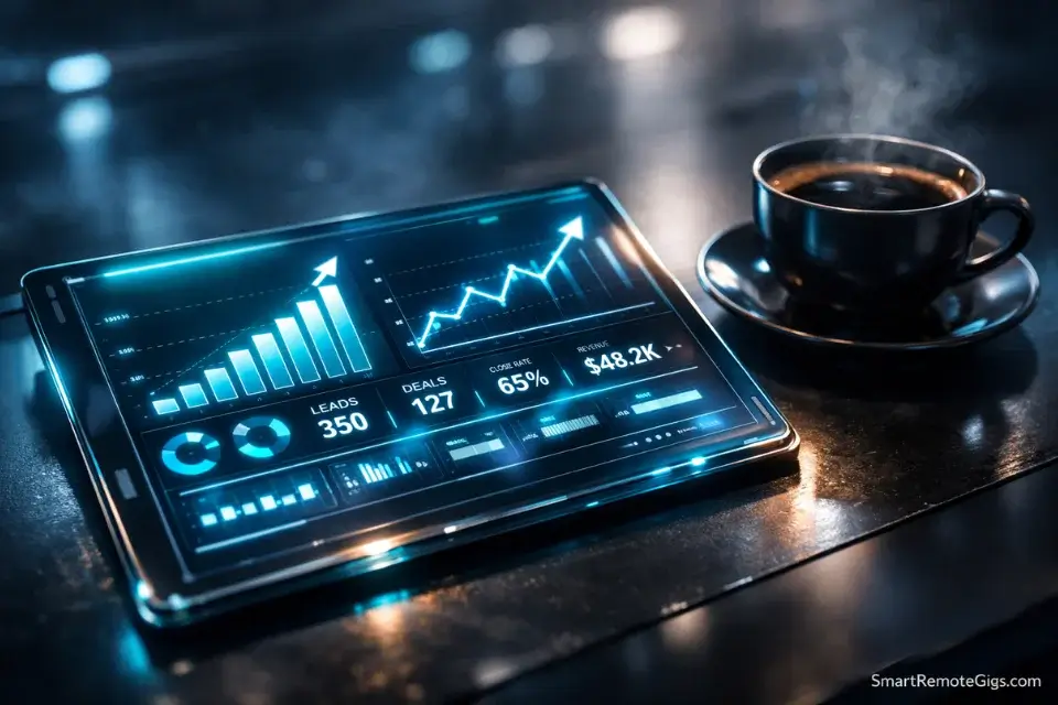 A 3D cinematic representation of an agile freelance daily metrics dashboard and pipeline tracker.